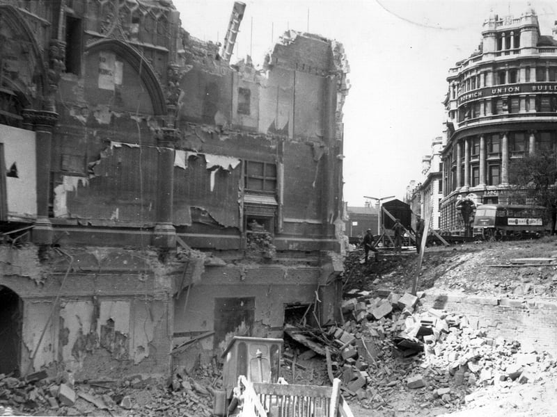 Demolition in progress on the Royal Exchange buildings of number 1A Park Row, located at the junction with Boar Lane next to City Square. Pictured in May 1964.