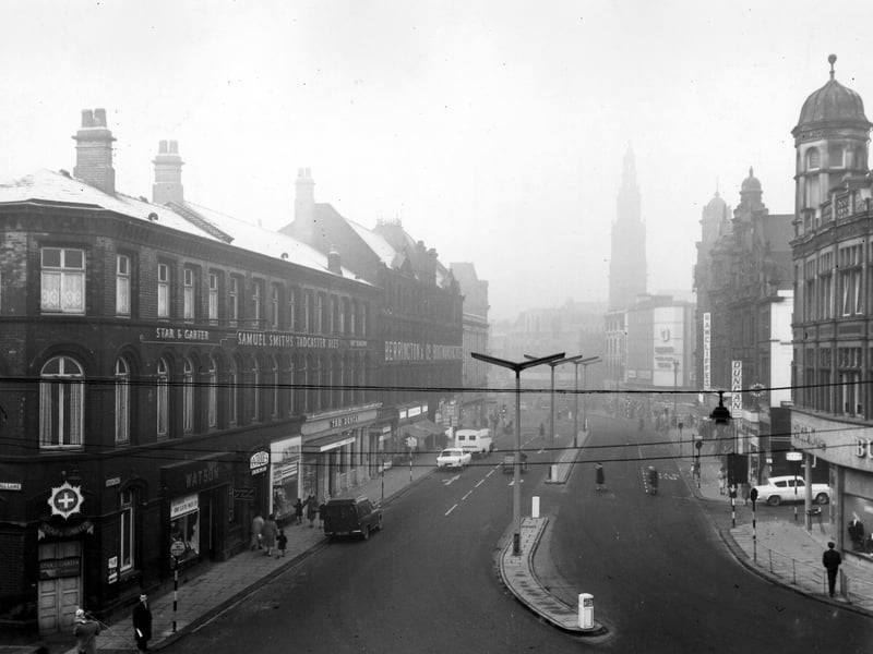 Duncan Street looking west towards Boar Lane, taken from the junction with Call Lane. On the left are two public houses, the Star & Garter and the Duncan. Pictured in January 1964.