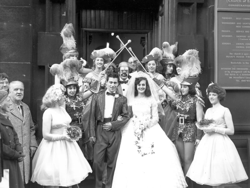 A wedding group outside Holy Trinity Church. Danny Ashcroft, chimpanzee trainer, married Joan Burnell, a circus showgirl. Pictured in January 1962.