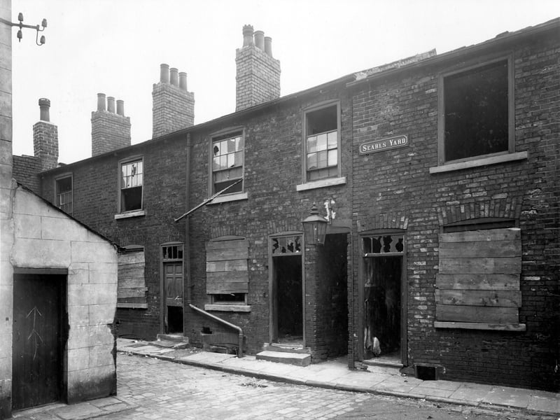 Searls Yard was located between Accommodation Road and Blossom Street. Derelict houses prior to demolition. Pictured in November 1938.