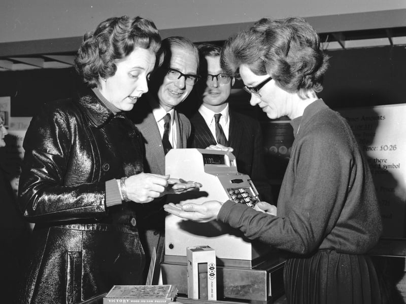 Lady Primrose tries shopping with decimal money at Jenners department store, Edinburgh, in January 1971
