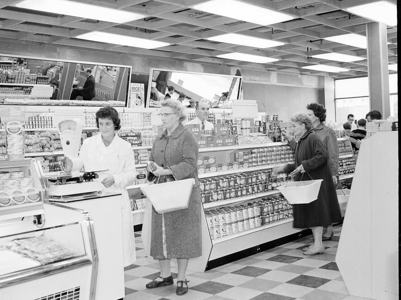 The tinned goods and cold meats section of the new self-service St Cuthberts Co-operative Store, on Drum Street, Gilmerton, Edinburgh, in August 1960