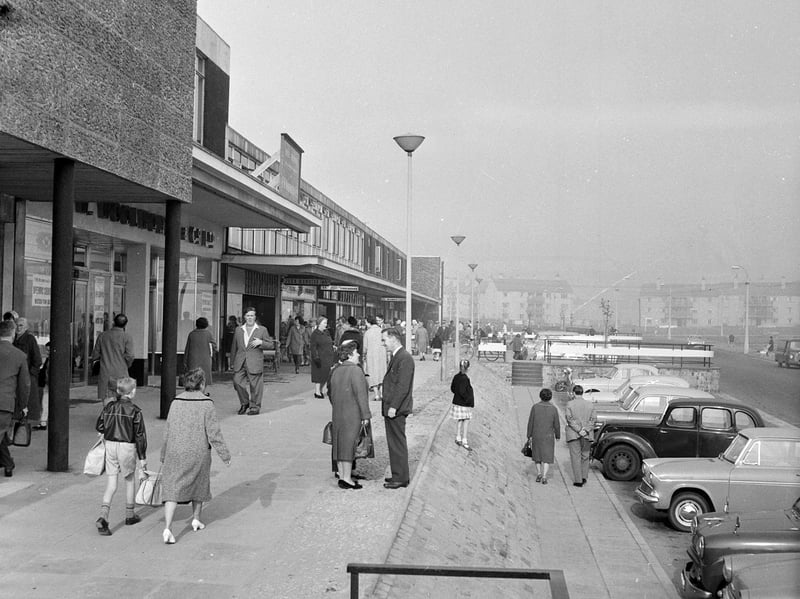 Drumchapel's traffic-free shopping centre, with canopies and colonnades providing shelter for shoppers, in October 1962