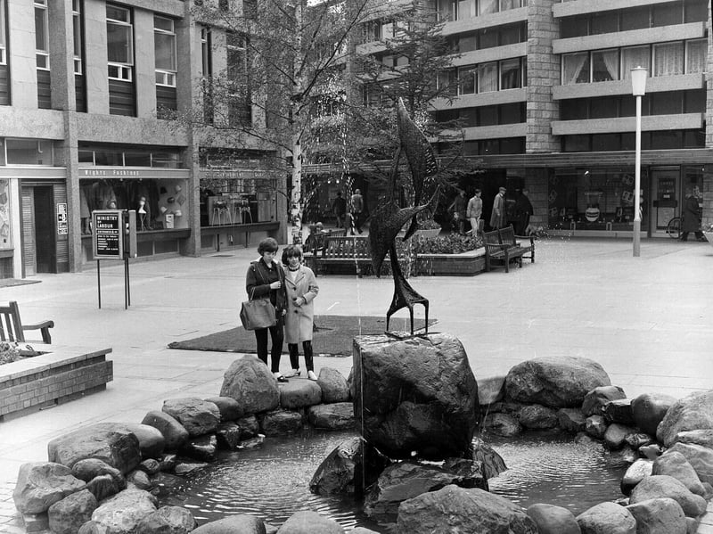 Shops in the courtyard of Dalkeith Shopping Centre, in Midlothian, Scotland, in July 1965