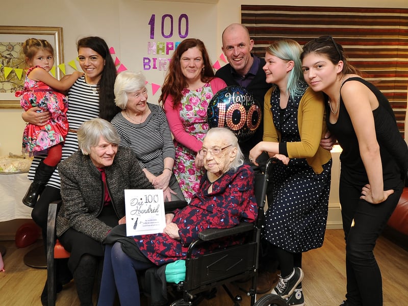 Mona Collins, a resident at Seacroft Grange Care Village, was celebrating her 100th birthday in January 2016. She is pictured with her daughter Jean Carroll, left,  and five generations of their family.