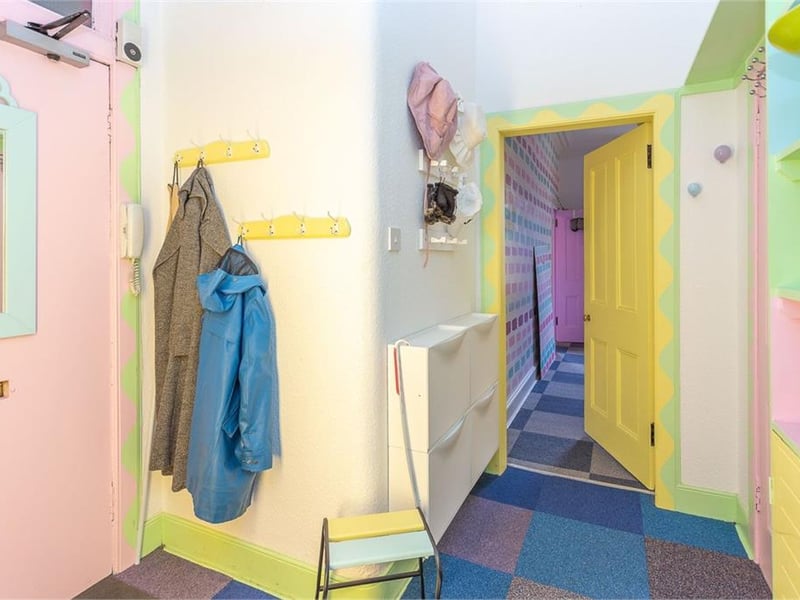 The entire flat is decorated with an array of different colours.