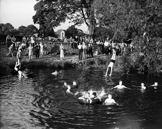 Boys bathe in Water of Leith at Saughton in the hot July of 1955.