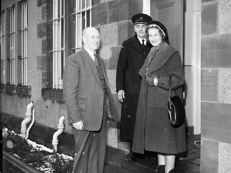 Lady Tweedsmuir visits Saughton Prison accompanied by Mr J McIntyre and Chief Officer JS Campbell in February 1963.