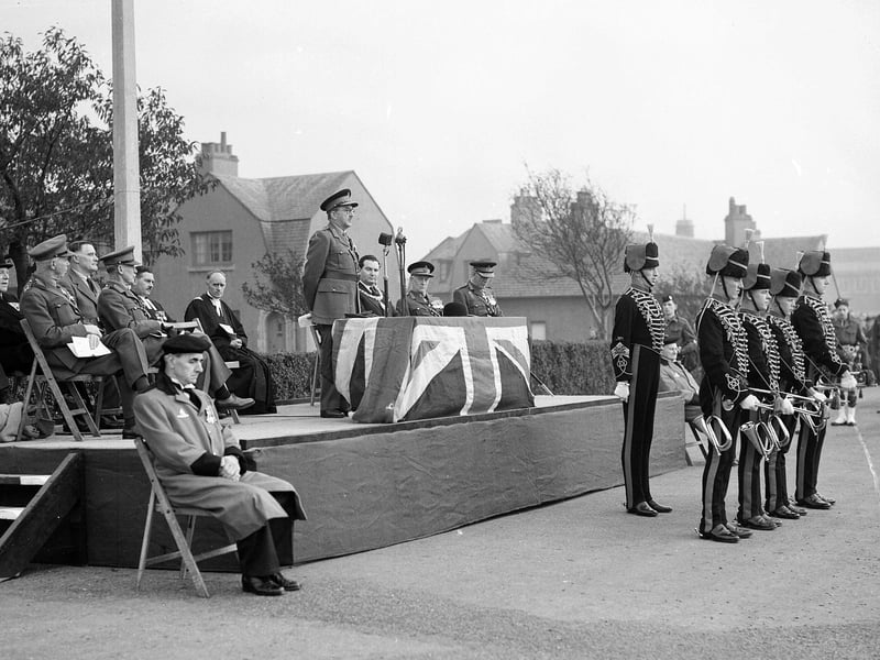 Field Marshall Viscount Alanbrooke opens the Royal Artillery and Royal Engineers War Memorial with houses at Saughton Mains in the background in May 1951.