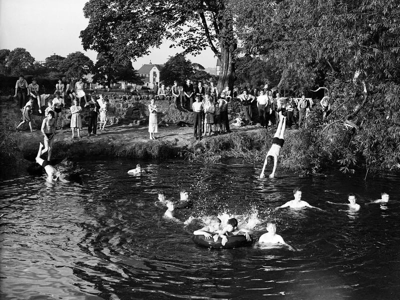 Boys bathe in Water of Leith at Saughton in the hot July of 1955.