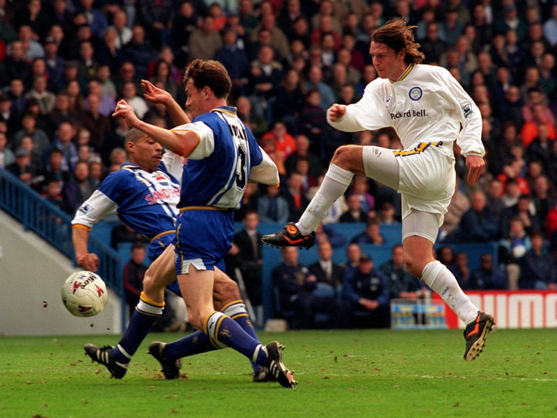 Lee Sharpe scores the first goal for the Whites during the Premier League clash against Sheffield Wednesday at Hillsborough. The game finished 2-2.