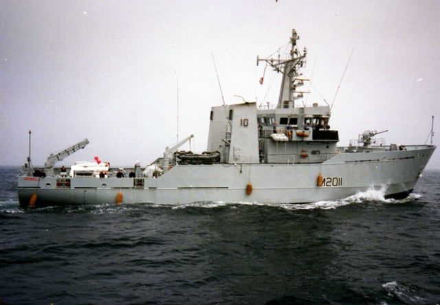 HMS Waveney, a River-class minesweeper, was originally commissioned into the Royal Navy in 1984. She was sold to Bangladesh in 1995 and is still in active service.