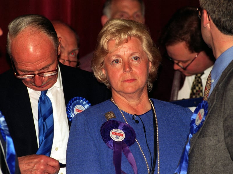 Conservative MP Elizabeth Peacock looks sadden after losing her seat with 17,072 votes to the new Labour MP Michael Wood with 23213 votes at Cleckheaton's Town Hall for the Batley and Spen seat in May 1997.