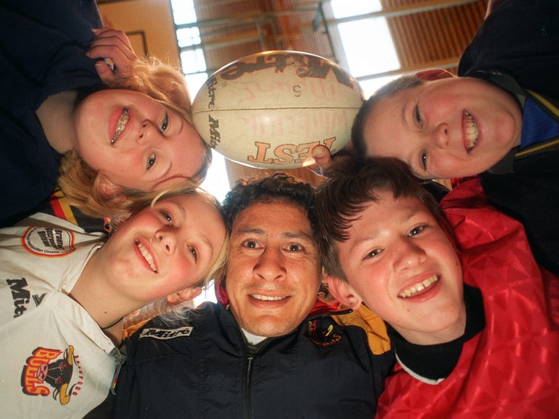 Pupils at Whitcliffe Mount School took part in a training session with Bradford Bulls coach Darrell Shelford in November 1996 on how a scrum is formed. Pictured, from left, are Claire Harling, Jane Hopkinson, Darrell Shelford, Daniel Woodfine and Neil Whitaker.