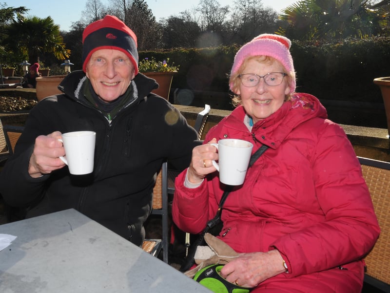 A nice cuppa in the sun for Kevin and Lynda Murphy who walked over from Cookridge at the cafe  in Golden Acre Park. 
