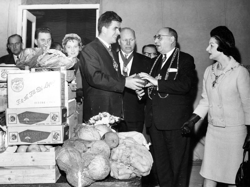 The Lord Mayor of Leeds, Alderman J.S. Walsh, and the Mayoress at the opening of the new wholesale fish, fruit and vegetable market on Pontefract Lane in October 1966, one of two wholesale markets on neighbouring sites that were opened on the same day, the other being a meat market.