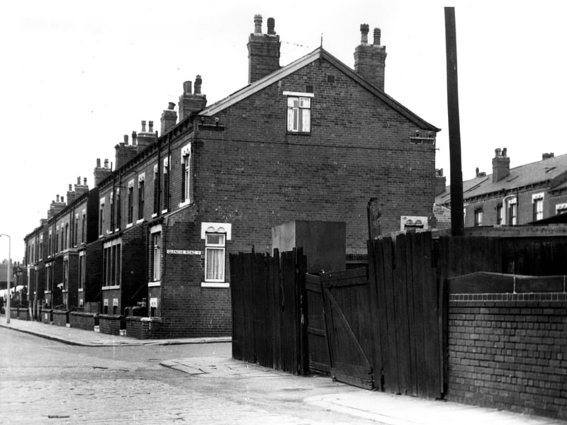 Fewston Avenue showing the junction with Glencoe Road in the centre. Terrace houses seen on Fewston Avenue are numbered (from front) 22 to 42. These form back-to-backs with nos.1 to 23 Fewston Street (seen on the right). Pictured in April 1966.