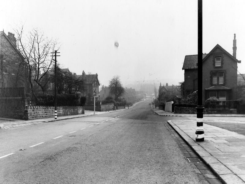 Looking south-east along Harehills Lane in the direction of Roundhay Road in November 1939. Avenue Crescent is to the right and the junctions with Back Roundhay Grove and Roundhay Mount are on the left.