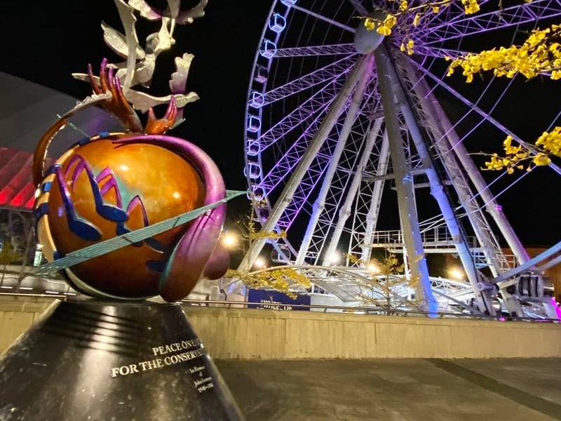 The Wheel of Liverpool and John Lennon Peace Monument, by Mary Hines.