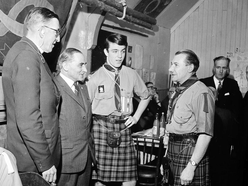 Mr A. Brown, the founder of 31st Midlothian Scout Group, attends a celebration diner in the Davidson's Mains scout hall in January 1964.