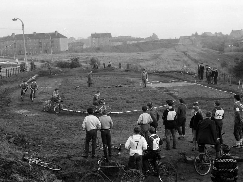 Cycle speedway at Griffin Park in Davidson Mains in November 1962.