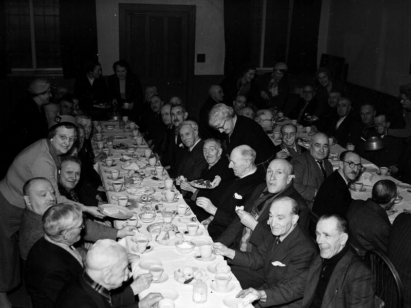 Whiteford House Veterans enjoying a tea hosted by Davidson Mains Church Women's Guild in January 1957.