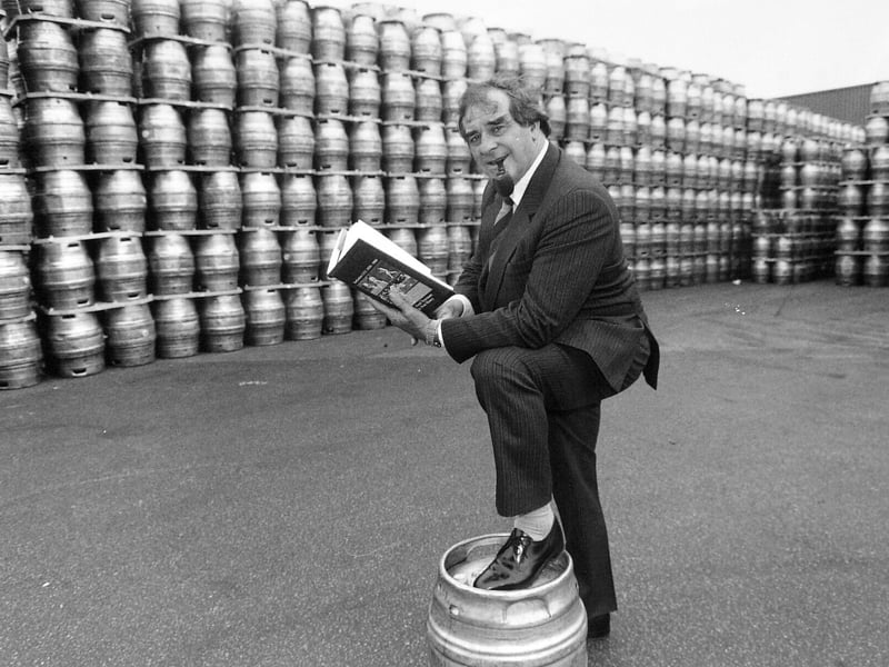 Fred Trueman with his new book 'Champion Times' which was launched at Tetley's Brewery in May 1994.