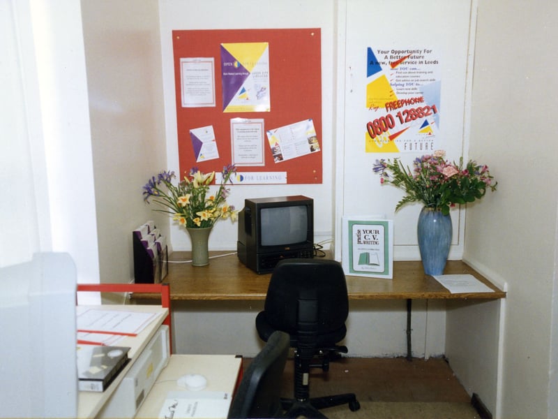 Open For Learning Centre in an alcove of the Commercial and Technical Library on the ground floor of Leeds Central, seen at the time of the launch of this service in April 1994.