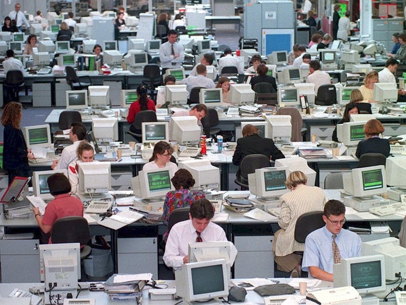 An open-plan office at telephone bank First Direct pictured in November 1994.
