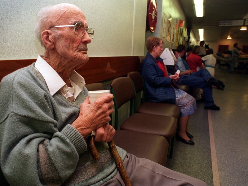 Jeff Sanders, 92, awaits attention in the accident and emergency department at St. James's Hospital in November 1994.