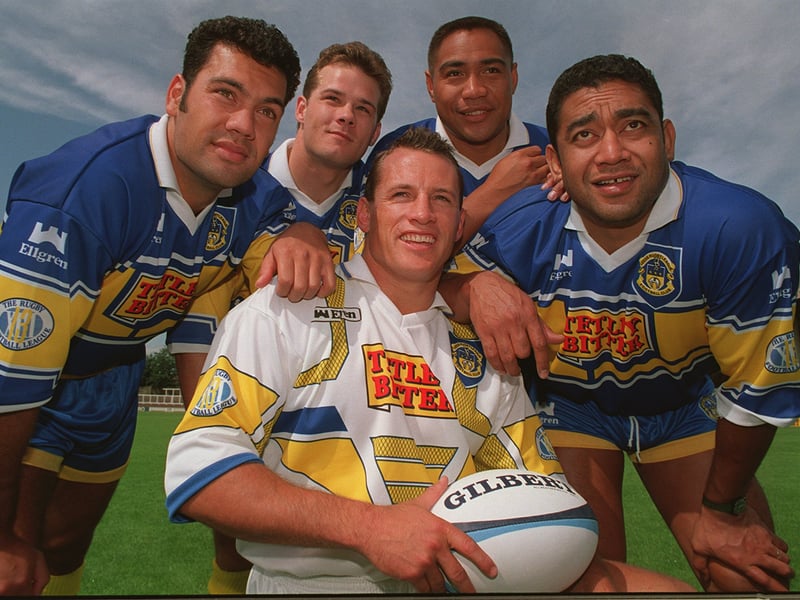 Leeds RL welcomed five New Zealand players in August 1994. Pictured are Gary Mercer surrounded by, from left, Kevin Iro, Craig Innes, Esene Faimalo, and George Mann.