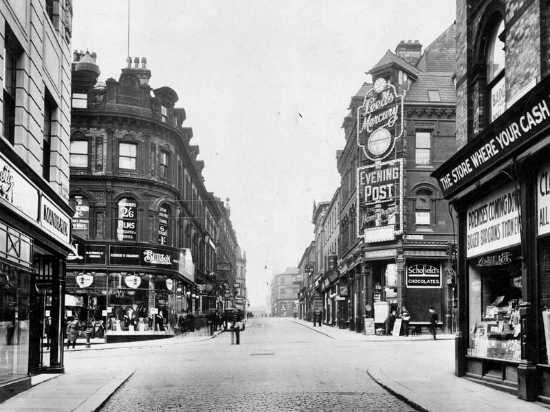 The junction of Briggate and what was then Upper and Lower Headrow in October 1928.