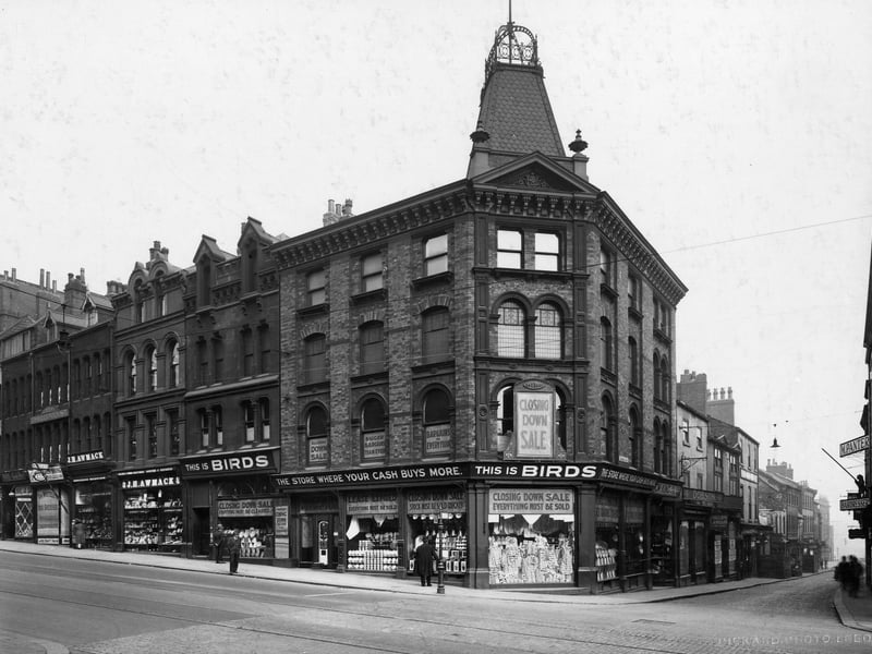 A view looking from Briggate eastward down Lowerhead Row in 1928. New Briggate runs to the left and the almost ginnel-like entrance to the Lowerhead Row is on the right. The building on the extreme right still exists but Bird's store and all the properties to the right of it were demolished for the widening of the Headrow and the building of the Odeon Cinema.