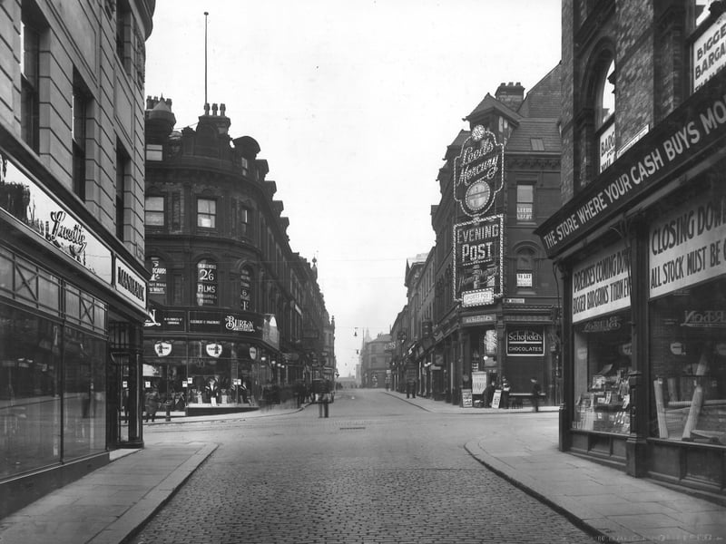 A view looking from Lowerhead Row across Briggate towards Upperhead Row with the site of the Odeon Cinema on the right. Pictured in October 1928.