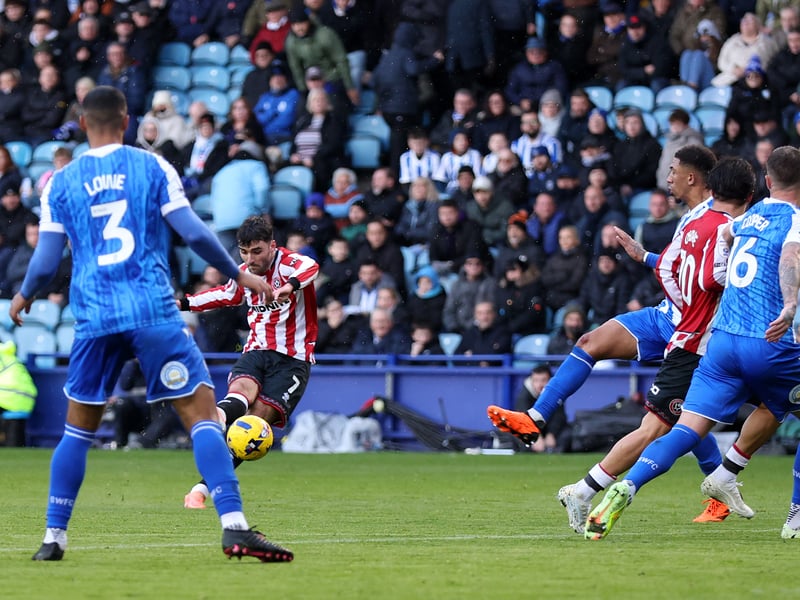 Tom Cannon scores United's third goal during the Sky Bet Championship match against Sheffield Wednesday at Hillsborough on November 23, 2025. (Photo by George Wood/Getty Images)
