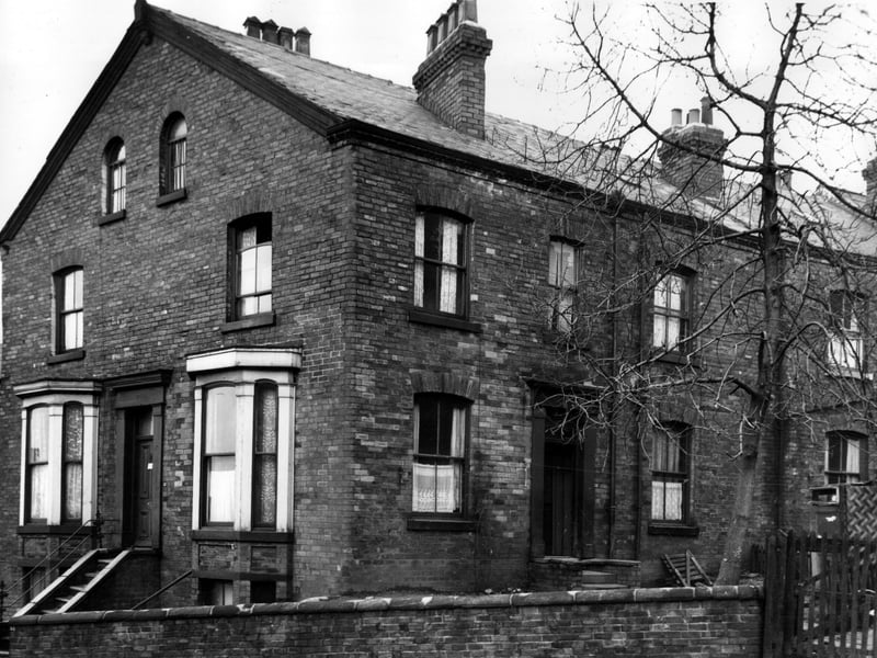 This block of property is at the end of Victoria Mount, facing Woodsley Road. The windows to the left on the gable wall belonged to 2 Victoria Mount. The entrance and right windows were part of 57 Woodsley Road. Pictured in November 1963.