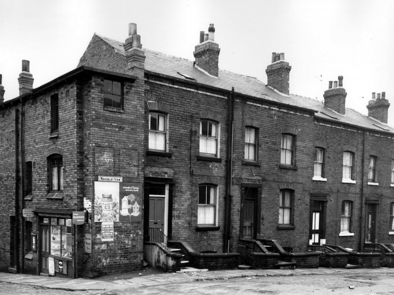 St Johns Avenue is to the left, number 31, then 32 a general store at the corner with Woodsley View. Pictured in November 1963.
