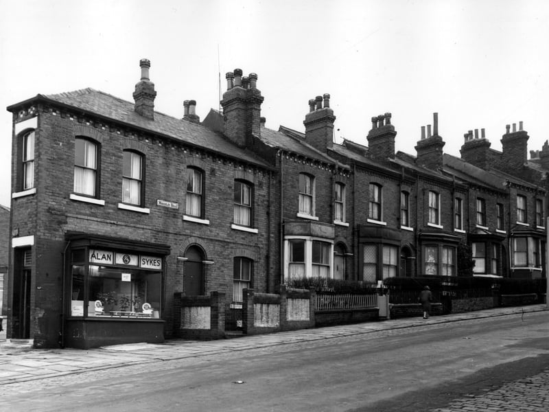 On the left is 41a Woodsley Road, a butchers shop, business of Alan Sykes. This is the corner with Osborne Street. Moving right numbers continue in sequence to 51. These were through houses with entrances on Back Osborne Street. Pictured in November 1963.