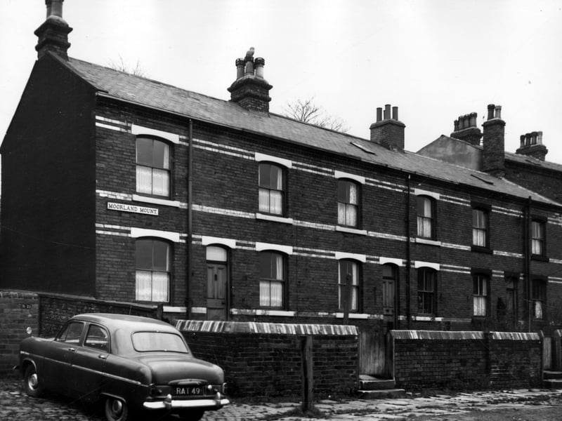 Three houses on Moorland Mount, number 13 is to the left, 15 in the centre and 17 on the right. A car is parked on the left. Pictured in November 1963.