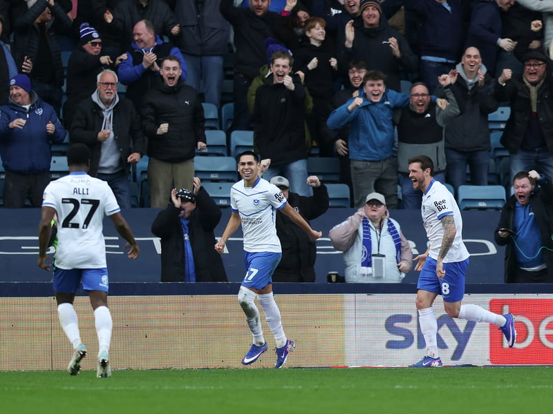 Gustavo Caballero enjoys opening his Pompey scoring account in front of a jubilant away end