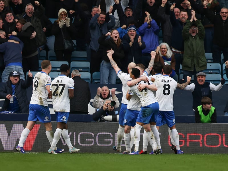 Pompey celebrate Gustavo Caballero's opener in front of the travelling Fratton faithful