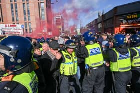 Sheffield Wednesday and Sheffield United fans clash on Bramall Lane on derby day