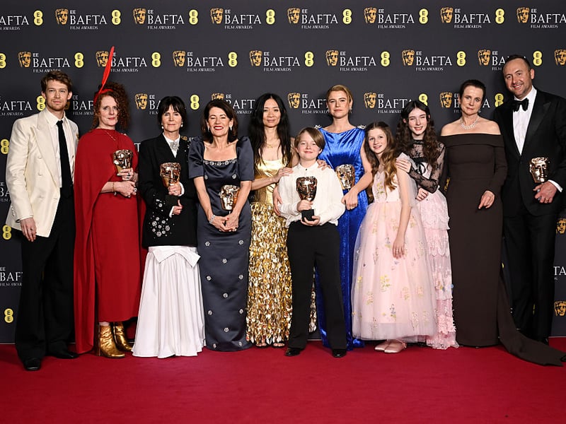 The cast and crew of Hamnet, including Edinburgh-based author Maggie O'Farrell, with their Best British Film BAFTA.