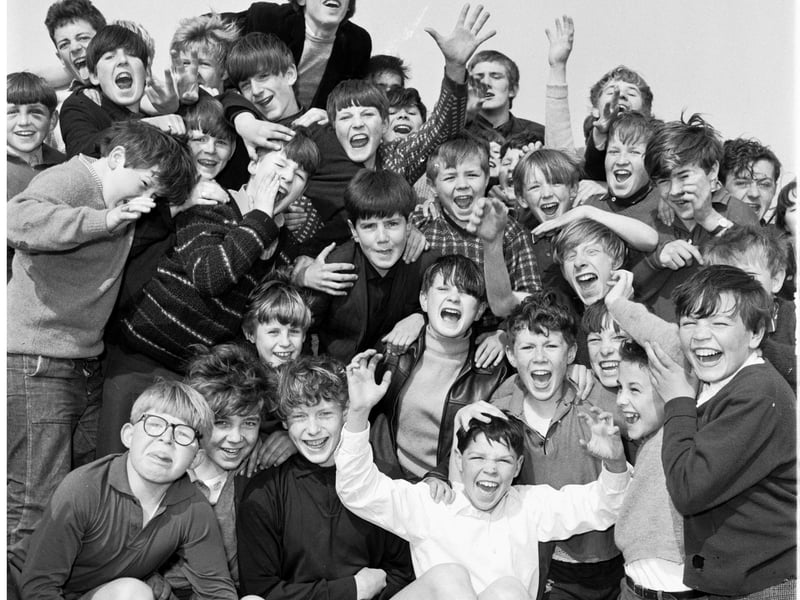 A crowd of noisy pupils give a cheer at James Clark School's sports day held at Kirk Brae in Liberton in June 1966.