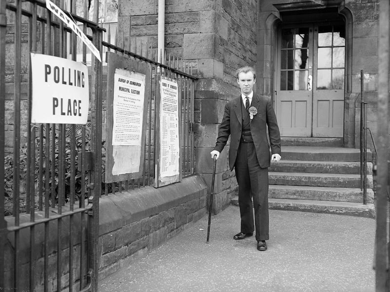 Nicholas Fairbairn, the candidate in Liberton,  leaves Portobello School after recording his vote in May 1960.