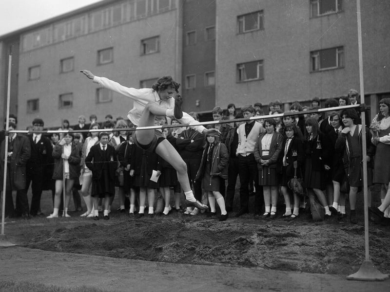 Elizabeth Kay winning the under-15 high jump at the Liberton School Sports Day in June 1965.