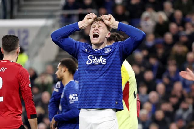 Jarrad Branthwaite of Everton reacts during the Premier League match between Everton and Manchester United at the Hill Dickinson Stadium on February 23, 2026 in Liverpool, England. (Photo by Michael Regan/Getty Images)