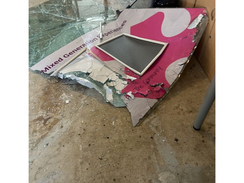 A part of the shop front inside the Community Kettle CIC following the crash.