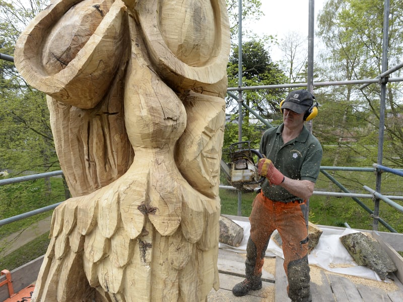 Artist Shane Green is pictured working on his most recent sculpture in progress which is based on the creatures at Tropical World. It stands nearly 50 feet tall and was sponsored by the Friends Of Roundhay Park