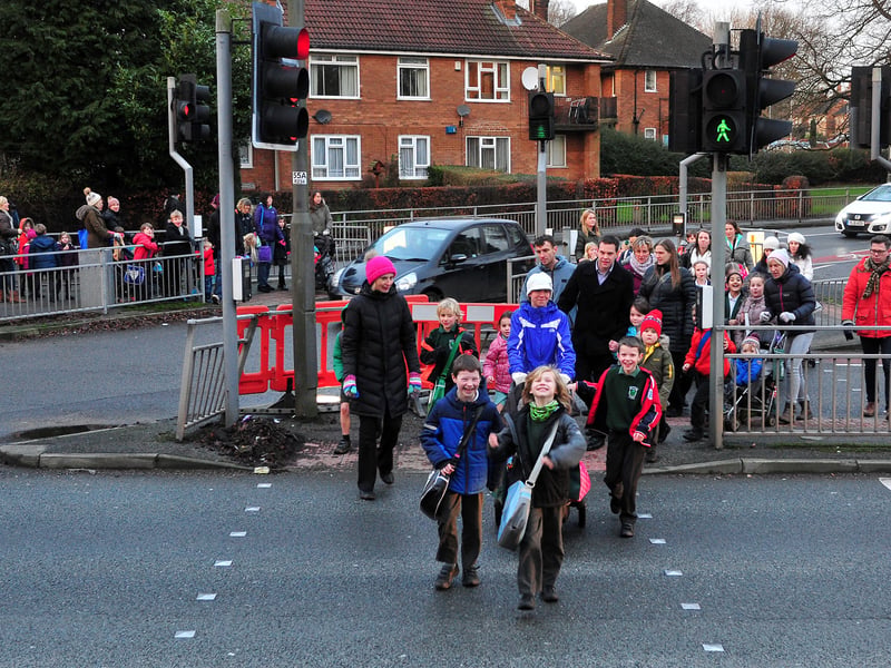 January 2016 and parents claimed a 'tiny' pedestrian traffic island in the middle of Leeds Ring Road close to HIghfield Primary was too small to accommodate increasing numbers of families using the crossing.